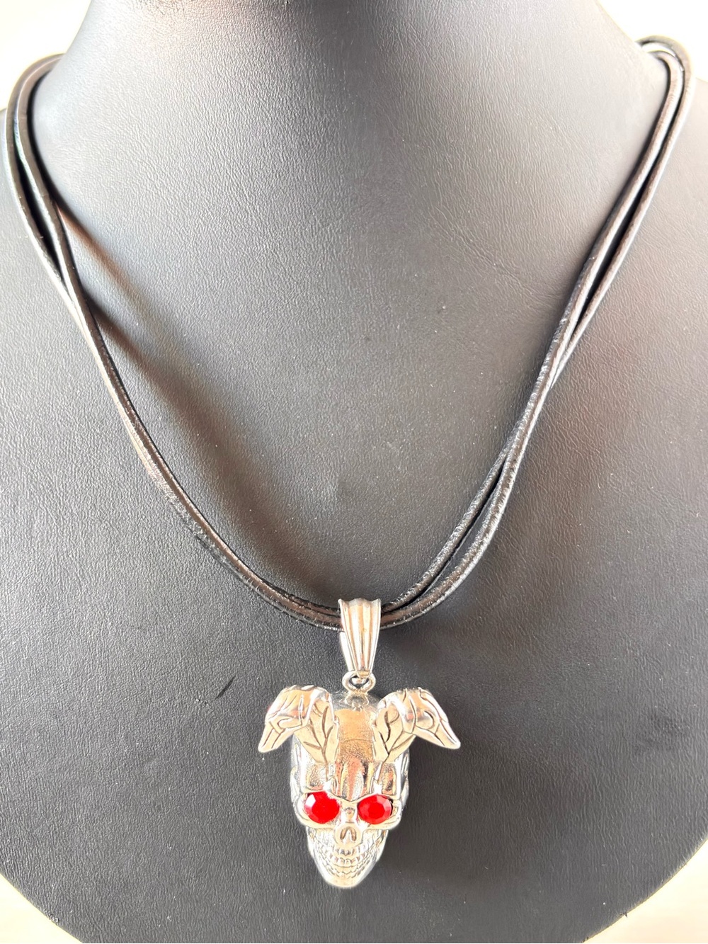 Handmade Silver Skull Pendant Necklace with Red Eyes